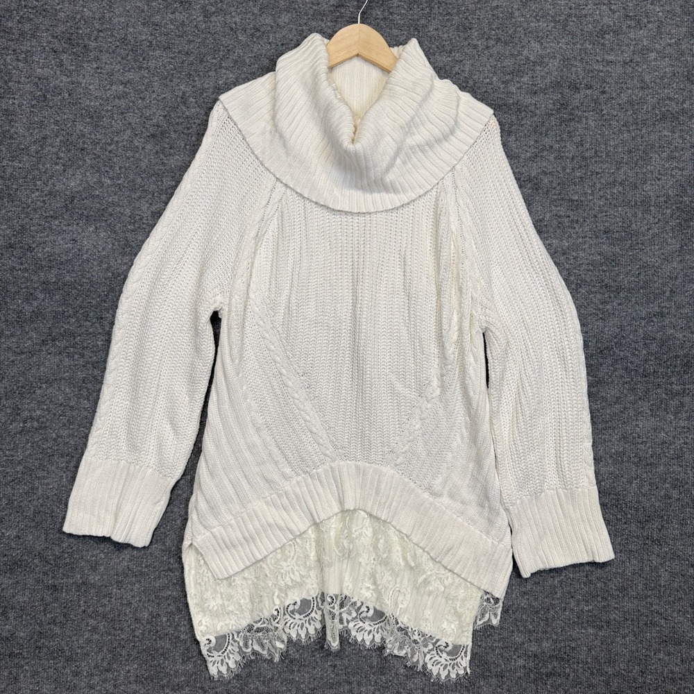Boston Proper Sz XL Tunic Sweater Cream Cotton Rayon Blend Cowl Neck Cable Knit